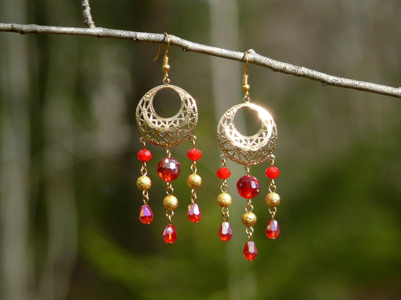 Long Cluster Red Earrings With Glass Beads, Gold And Red Chandelier Earrings, Red Fringe Dangles, Red Boho Earrings