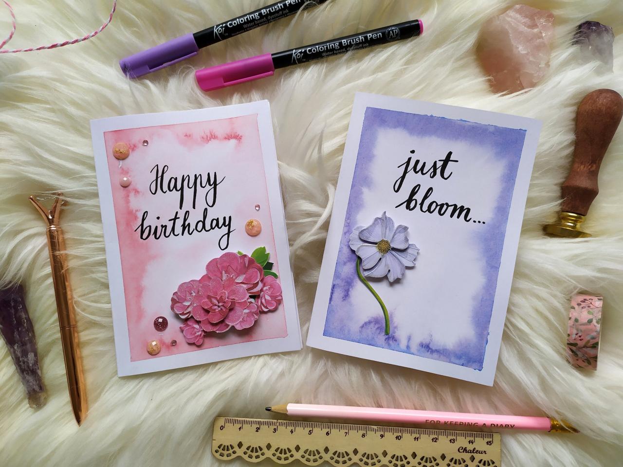 Purple Motivation 3d Greeting Card, Floral Lettering Gifting Card With Inspirational Quote, Pink Birthday Card Watercolor Handwritten Card