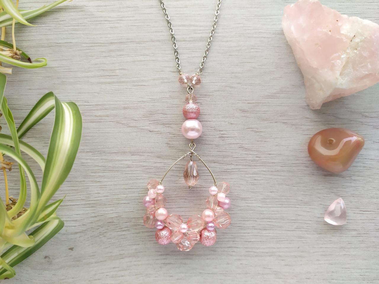 Pink Beaded Necklace, Long Necklace With Pink Pendant, Wire Wrapped Jewelry, Statement Bohemian Necklace, Light Pink Boho Necklace