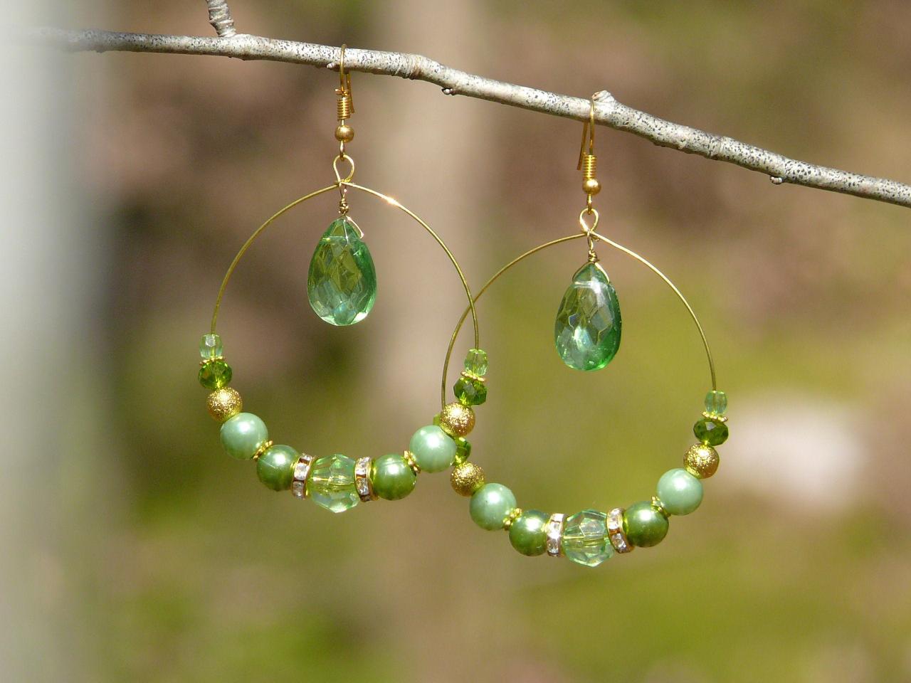 Green Boho Hoops, Bohemian Hoop Earrings, Green Chandelier Earrings, Green And Gold Gypsy Earrings, Gift For Her, Large Beaded Hoops