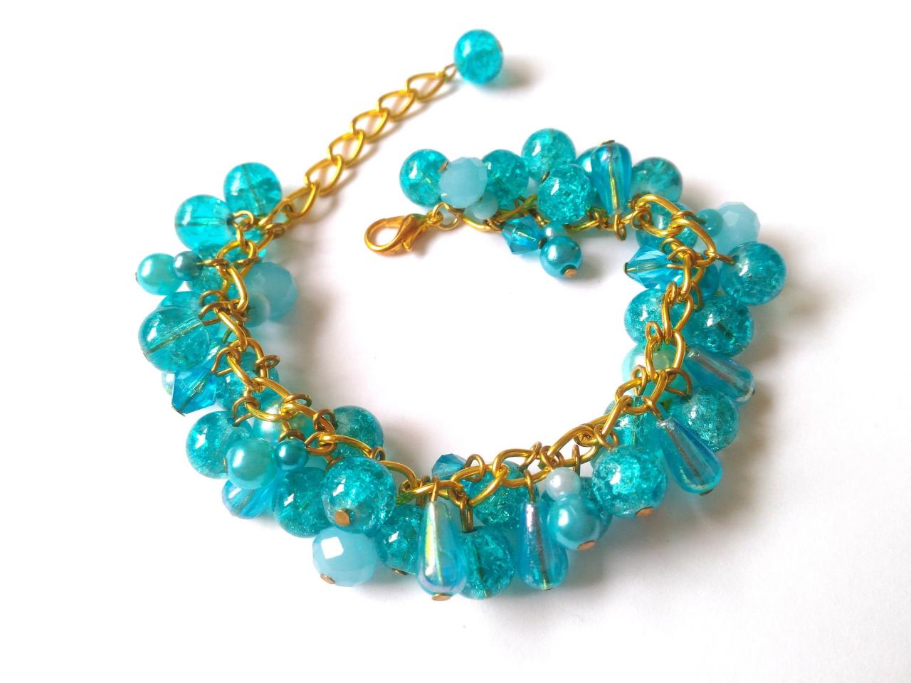 Ocean Blue Cluster Bracelet, Azure Blue Boho Bracelet, Blue And Gold Jasmine Bracelet, Bohemian Gypsy Bracelet, Mermaid Bracelet