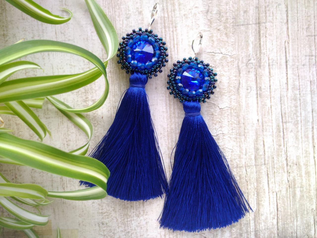 Long Tassel Earrings With Swarovski Rivoli Crystals, Royal Blue Bead Embroidery Earrings, Bohemian Statement Earrings, Elegant Blue Earrings