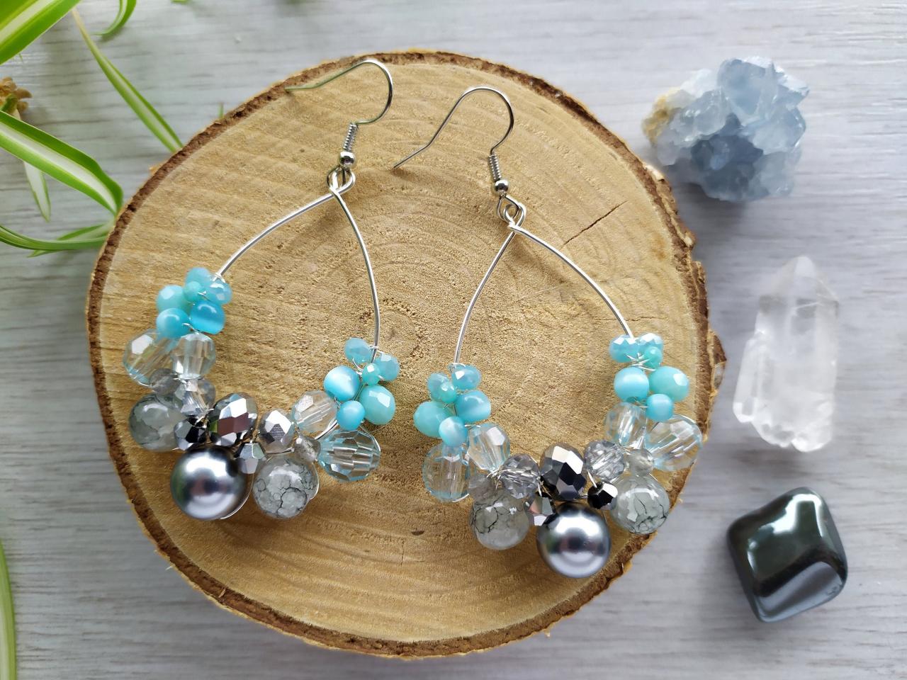Light Blue And Silver Earrings, Blue Chandelier Earrings, Blue Boho Earrings, Wire Wrapped Silver Beaded Earrings, Pastel Blue Ombre Dangles