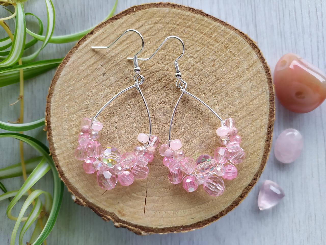 Soft Pink And Silver Earrings, Baby Pink Wire Wrapped Earrings, Bridesmaid Wedding Earrings, Romantic Pink Boho Earrings, Pink Chandeliers