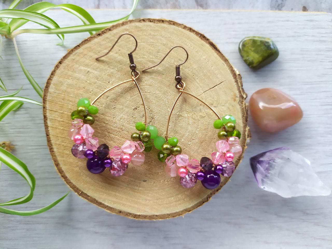Purple Pink Green Hoop Earrings, Wire Wrapped Pink Boho Earrings, Spring Vibe Earrings, Statement Floral Inspired Earrings, Flowery Dangles