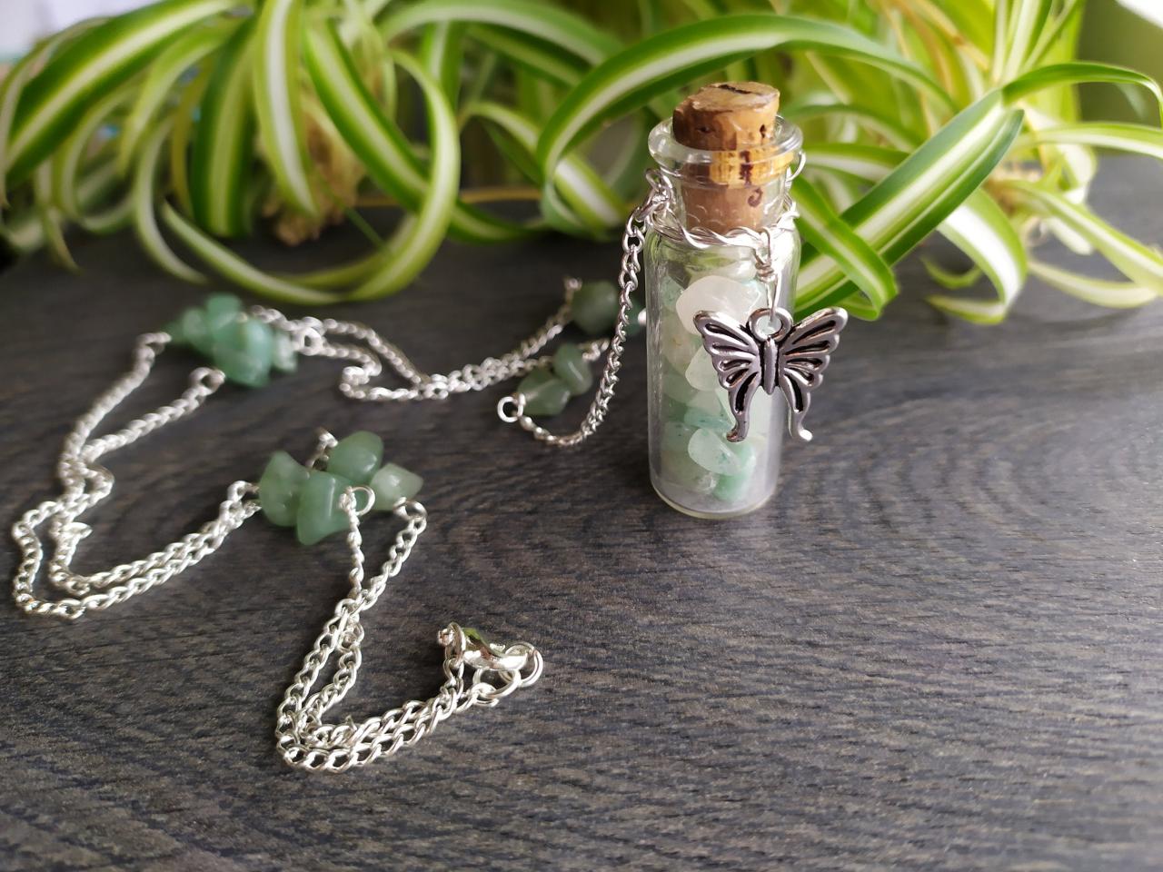 Green Aventurine Gemstone Bottle Pendant, Green Boho Gemstone Necklace, Bohemian Long Chain Layering Necklace, Natural Stone Witchy Necklace
