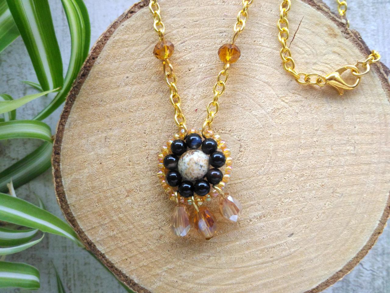 Brown Gold Boho Necklace, Picture Jasper And Agate Short Chain Necklace, Bohemian Beaded Pendant, Gypsy Style Necklace, Bead Woven Pendant