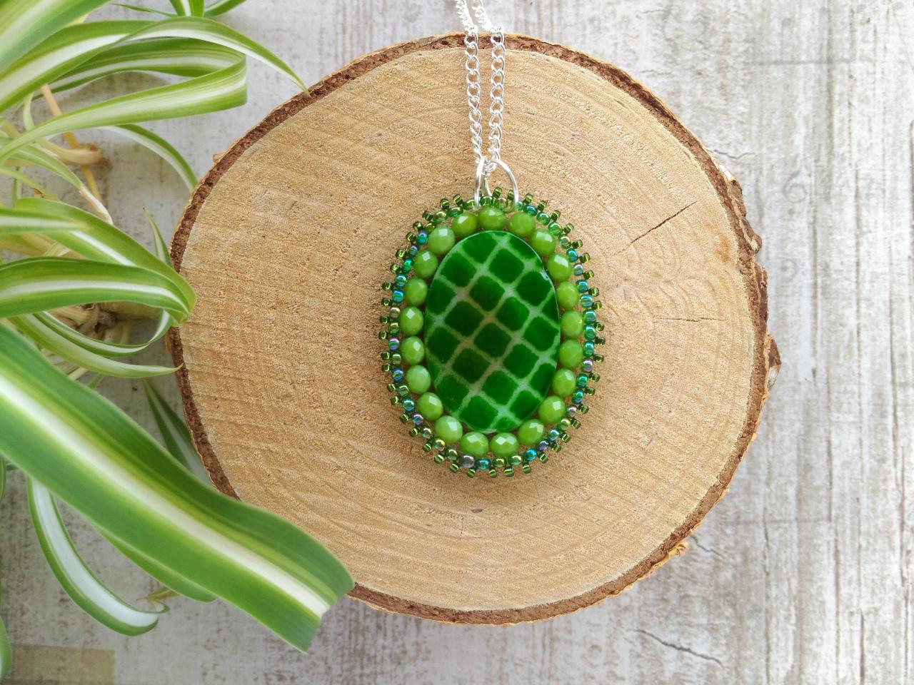 Green Long Chain Necklace, Green Shell And Silver Chain Pendant, Brick Stick Bead Woven Pendant, Bright Green Pendant, Green Boho Jewelry
