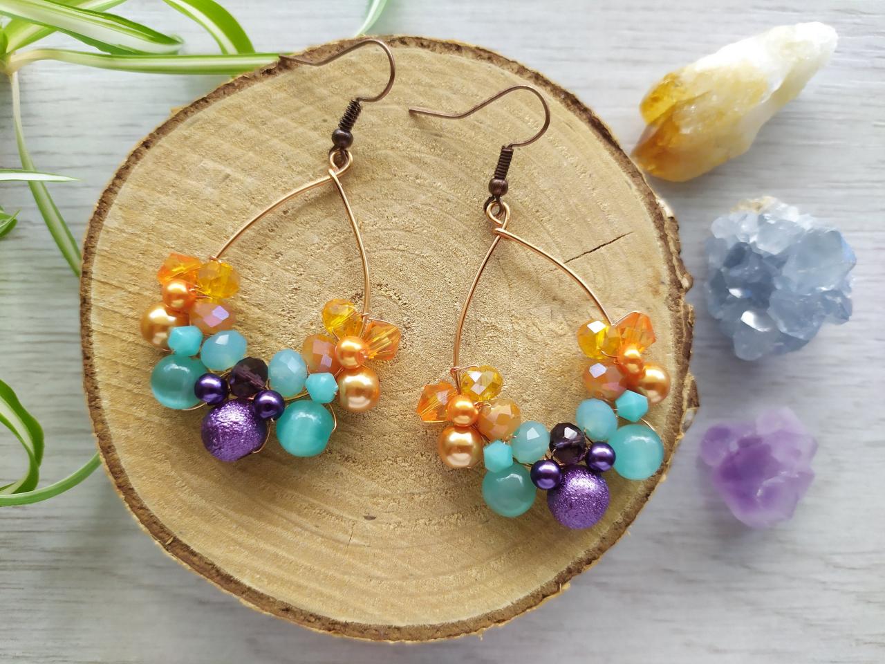 Orange Blue Purple Bubbly Hoops, Tropical Fresh Boho Earrings, Multicolor Summer Hoop Earrings, Wire Wrapped Copper Dangle,ocean Blue Orange