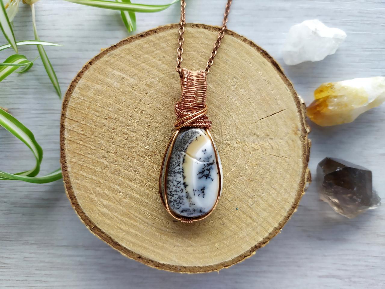Dendritic Agate Pendant, Wire Wrapped Copper Necklace With Gemstone, White Boho Crystal Pendant, White Brown Black Bohemian Necklace