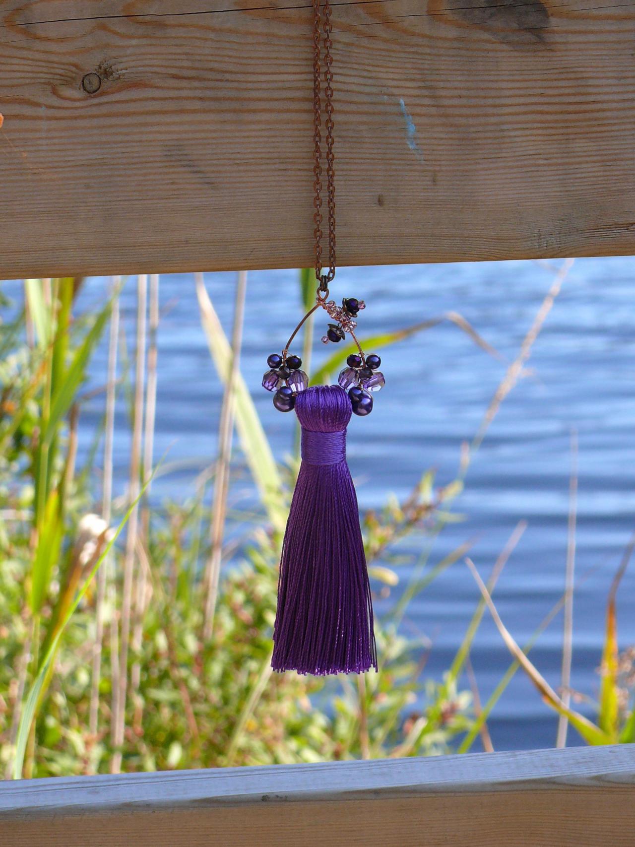 Purple Tassel Necklace, Boho Beaded Necklace, Statement Copper Jewelry, Gift For Her, Long Chain Purple Necklace With Silk Tassel