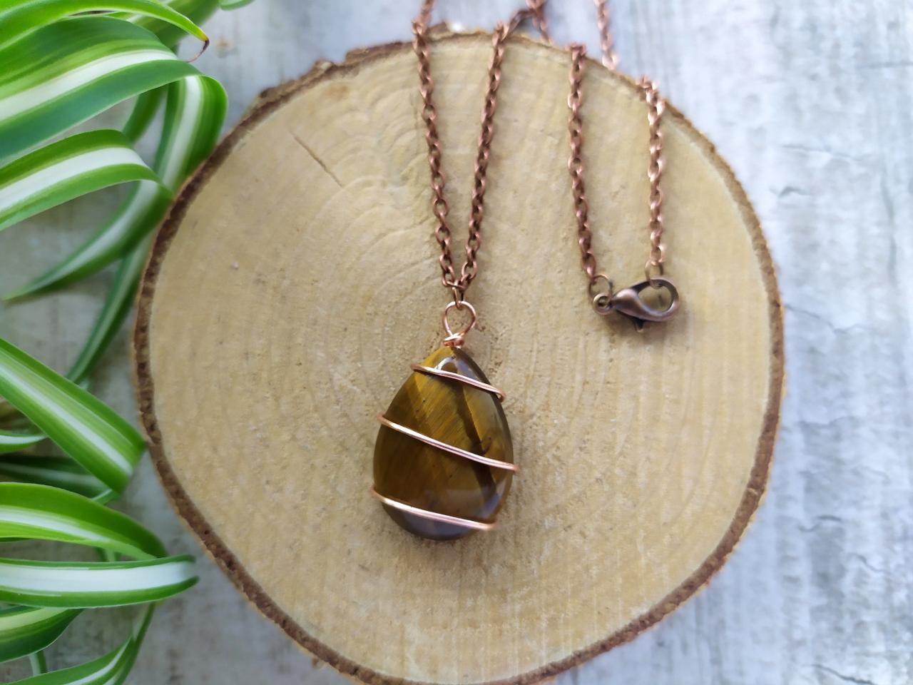 Wire Wrapped Brown Tiger's Eye Gemstone Necklace, Tigers Eye Pendant, Teardrop Shaped Crystal Pendant, Brown Gold Dainty Gemstone