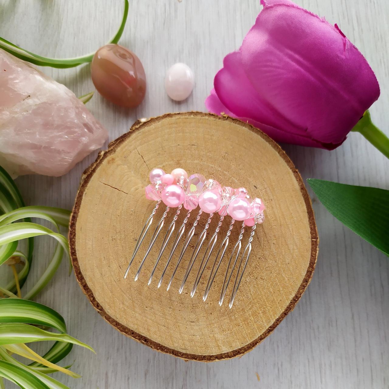 Light pink wedding hair comb, Pink beaded slide comb, Bridesmaid hair accessory, Pink bohemian hair comb,Bridal headpiece, Pink Hair jewelry