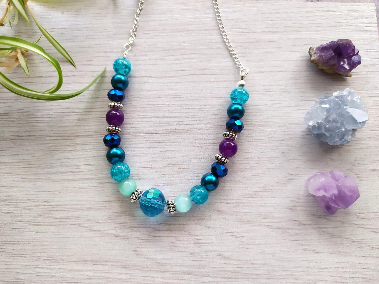 Blue Purple Turquoise Bead Necklace, Galaxy Color Necklace, Multicolor Beaded Necklace, Colorful Boho Necklace, Dark Blue Purple Necklace