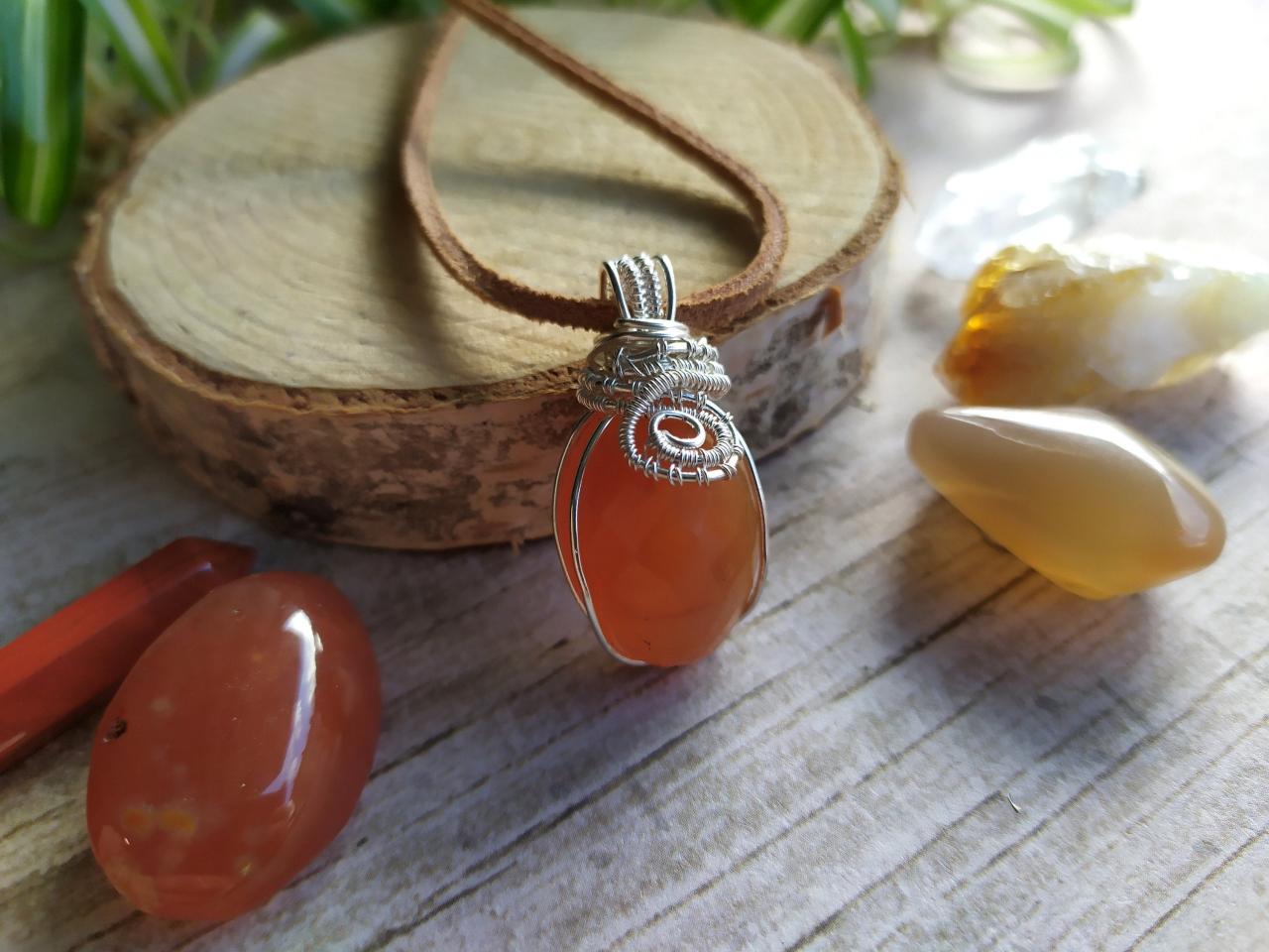 Spring Collection: Wire Wrapped Faceted Carnelian Pendant, Orange Boho Gemstone Necklace,silver Wire Wrapped Orange Stone Pendant On Leather
