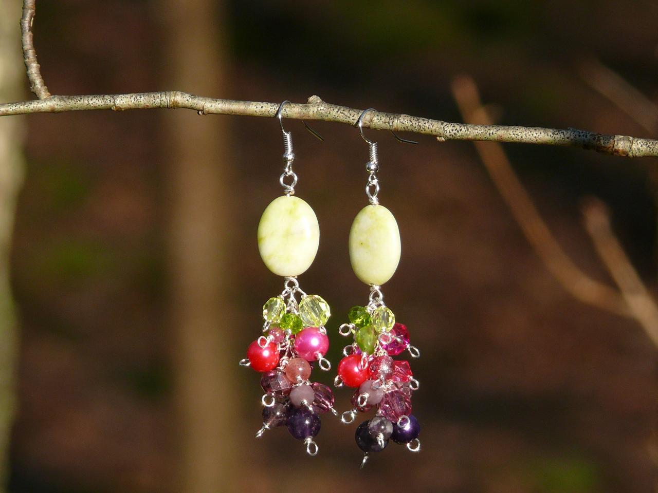 Spring Collection:green Pink Purple Cluster Earrings, Wire Wrapped Amethyst Peridot Strawberry Quartz Chandeliers,purple Green Boho Earrings