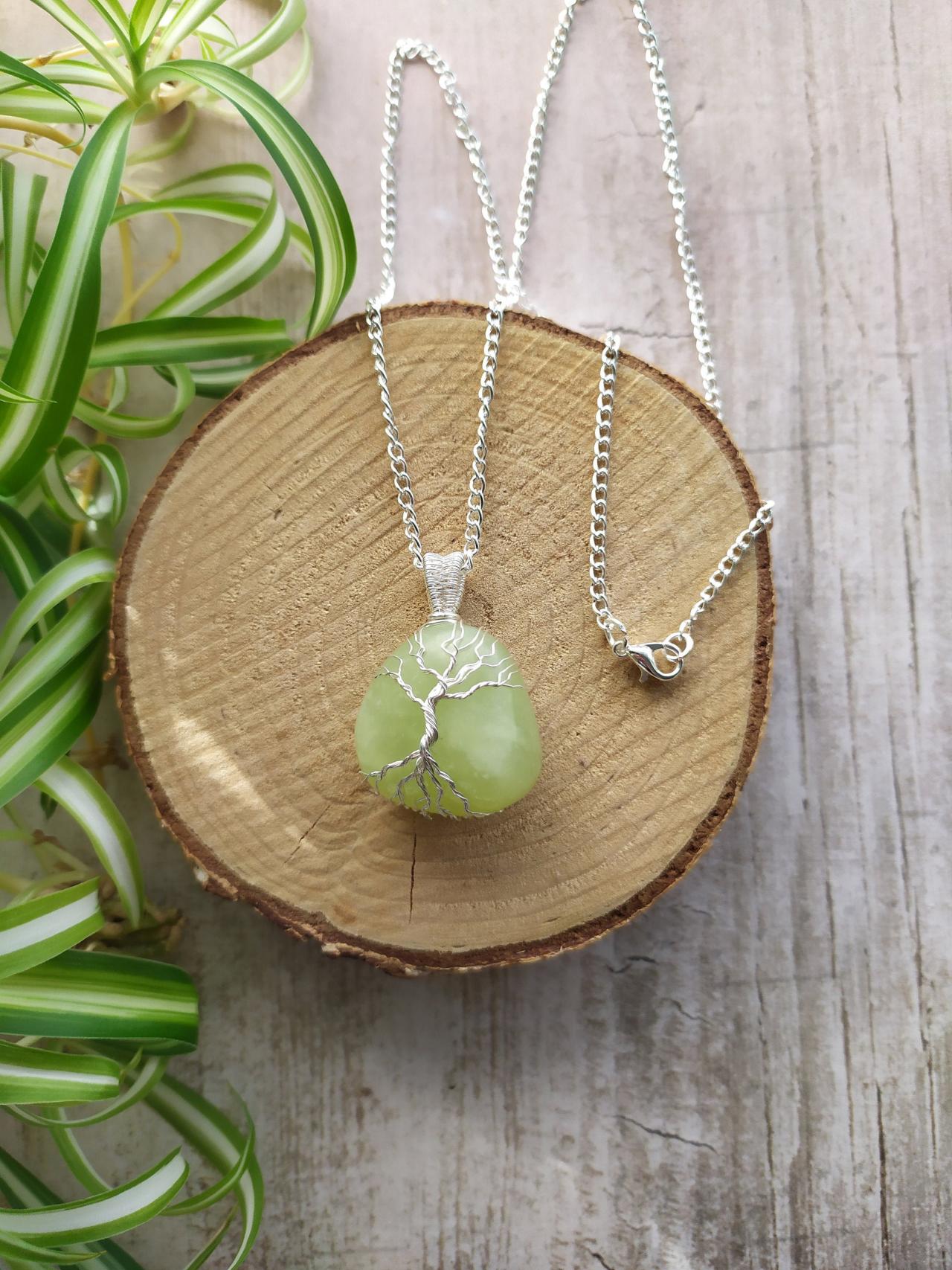 Spring Collection: Wire Wrapped Tree Of Life Pendant, Green Boho Gemstone Necklace,dainty Silver Wire Wrapped Tree Serpentine Stone Necklace