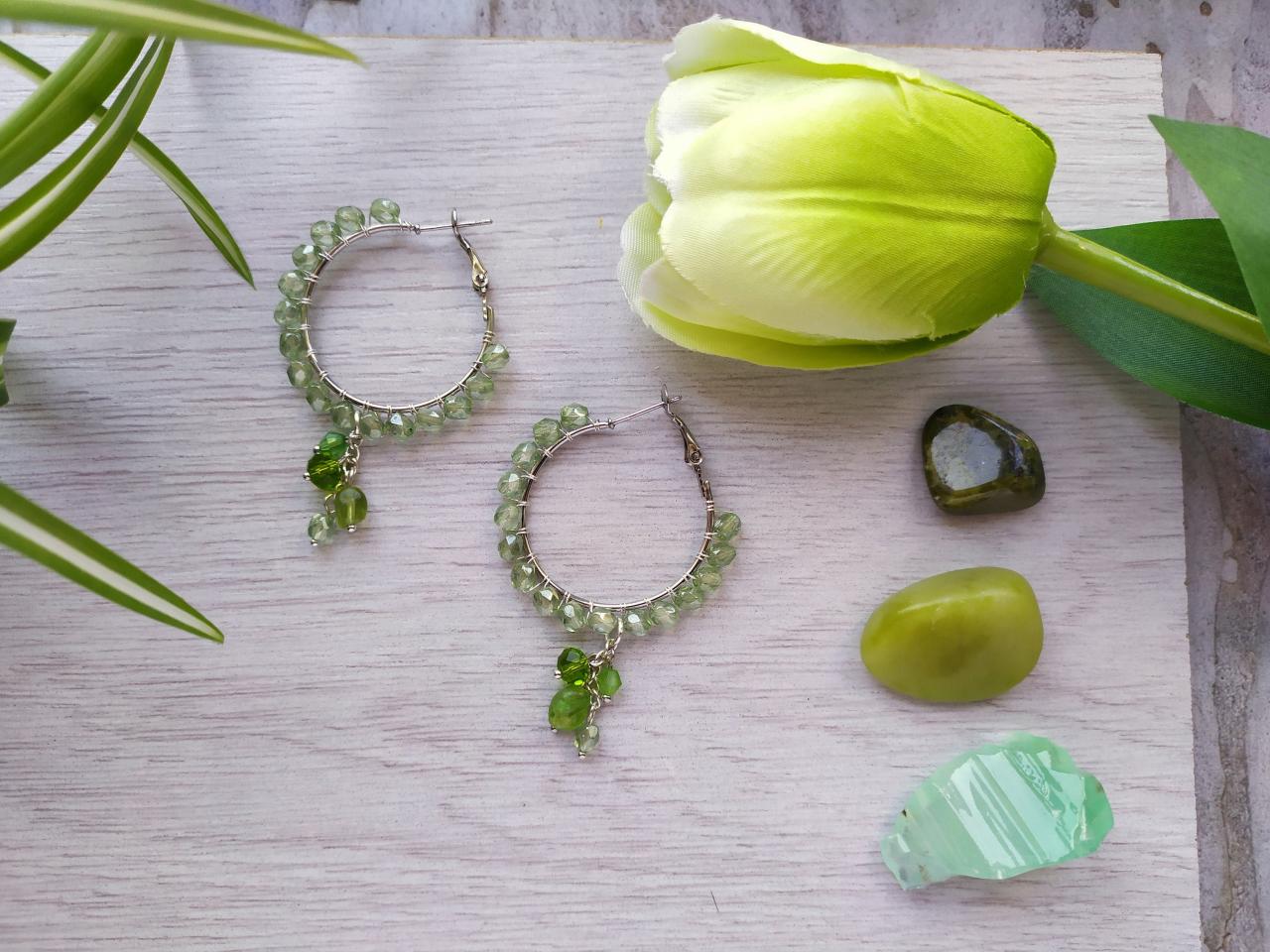 Spring Collection: Green And Silver Bubbly Hoops, Green Boho Chandelier Earrings, Light Green Hoop Earrings,wire Wrapped Silver Dangle Drops