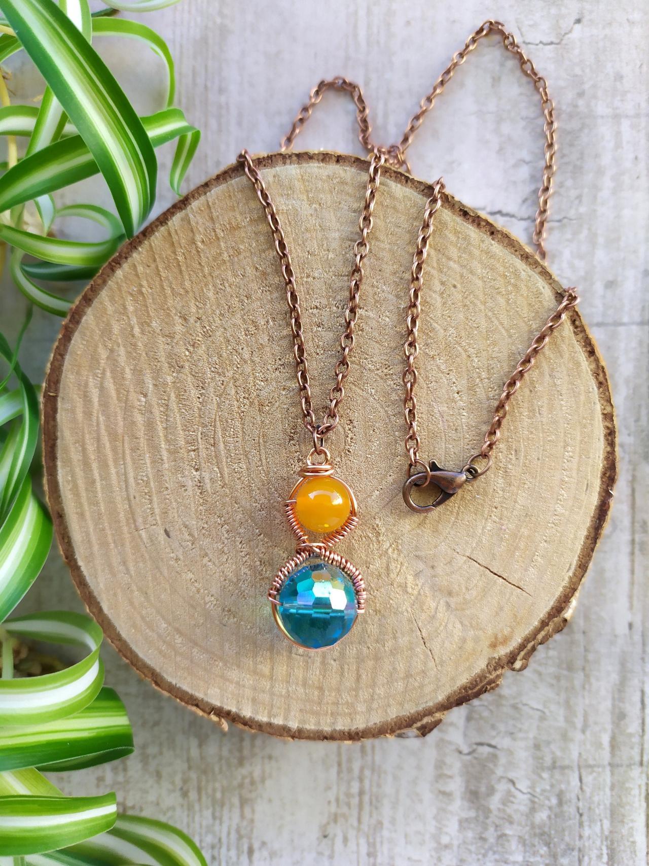 Spring Collection: Wire Wrapped Blue And Yellow Agate Pendant, Simple Blue And Yellow Gemstone Boho Necklace, Dainty Beaded Copper Necklace