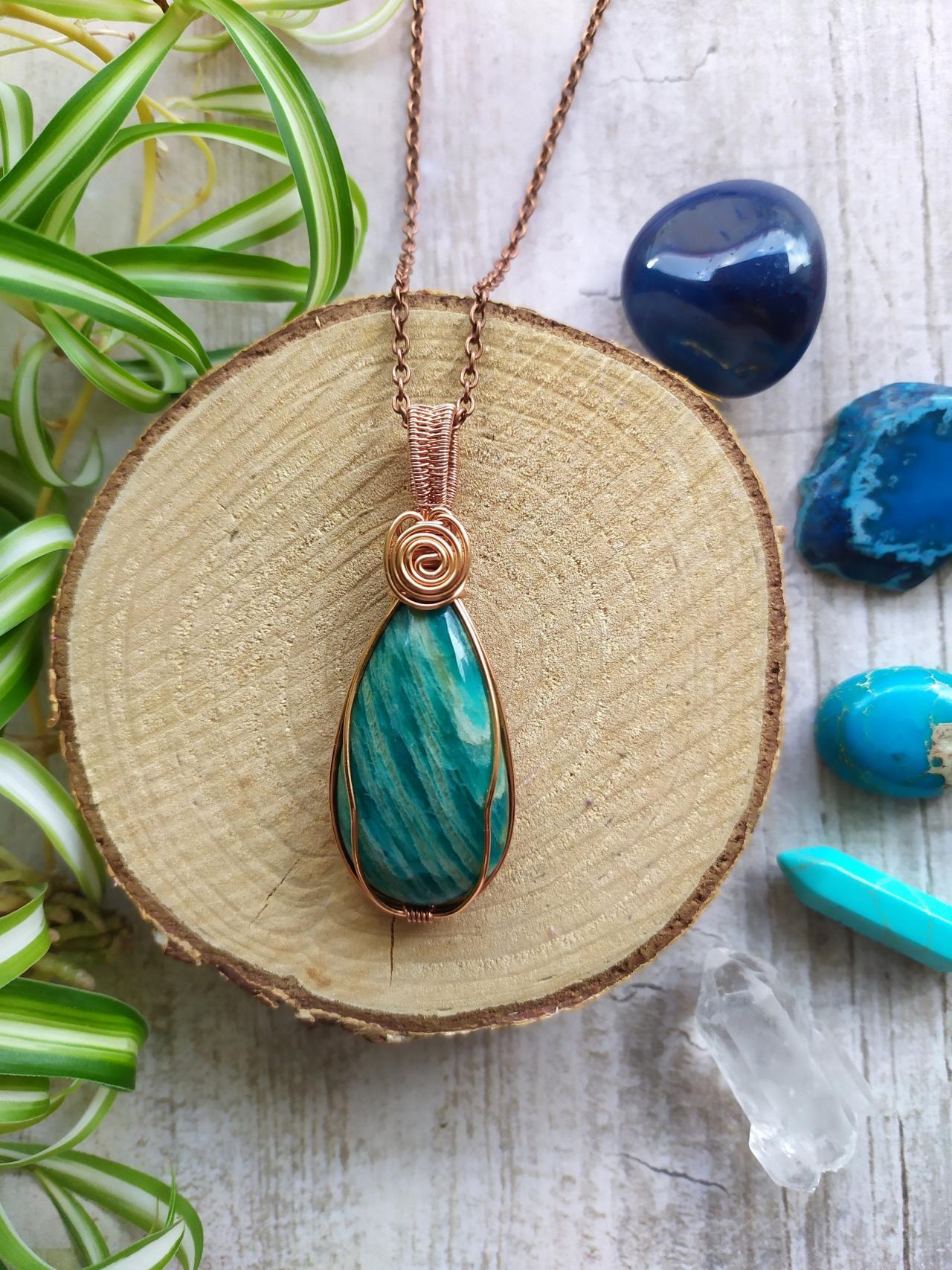 Spring Collection: Wire Wrapped Copper Amazonite Pendant, Green Turquoise Gemstone Necklace,large Teal Amazonite Cabochon Wire Wrap Necklace