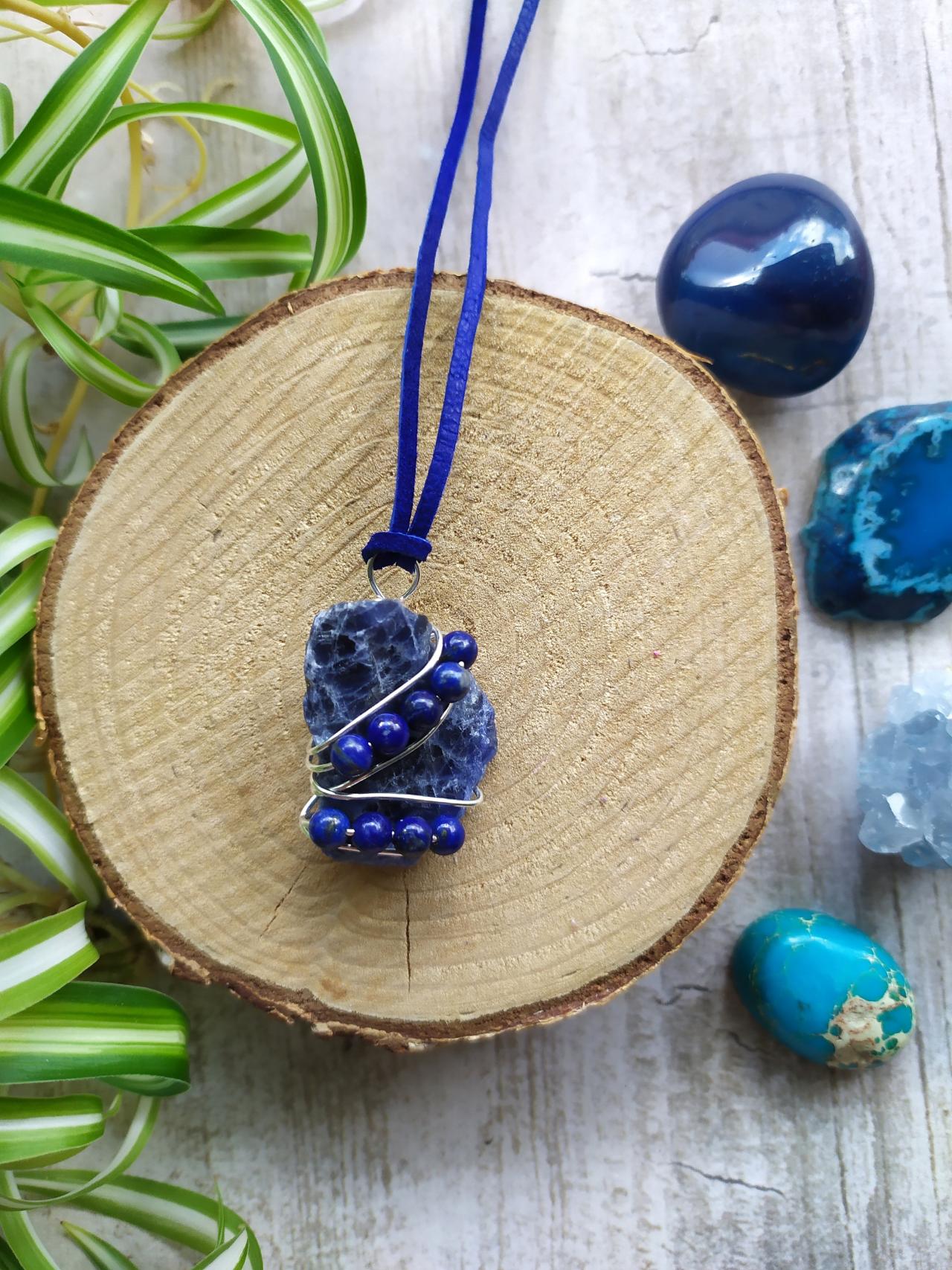 Spring Collection: Wire Wrapped Raw Sodalite And Lapis Lazuli Pendant, Dark Blue Gemstone Necklace, Raw Blue Crystal Natural Stone Pendant