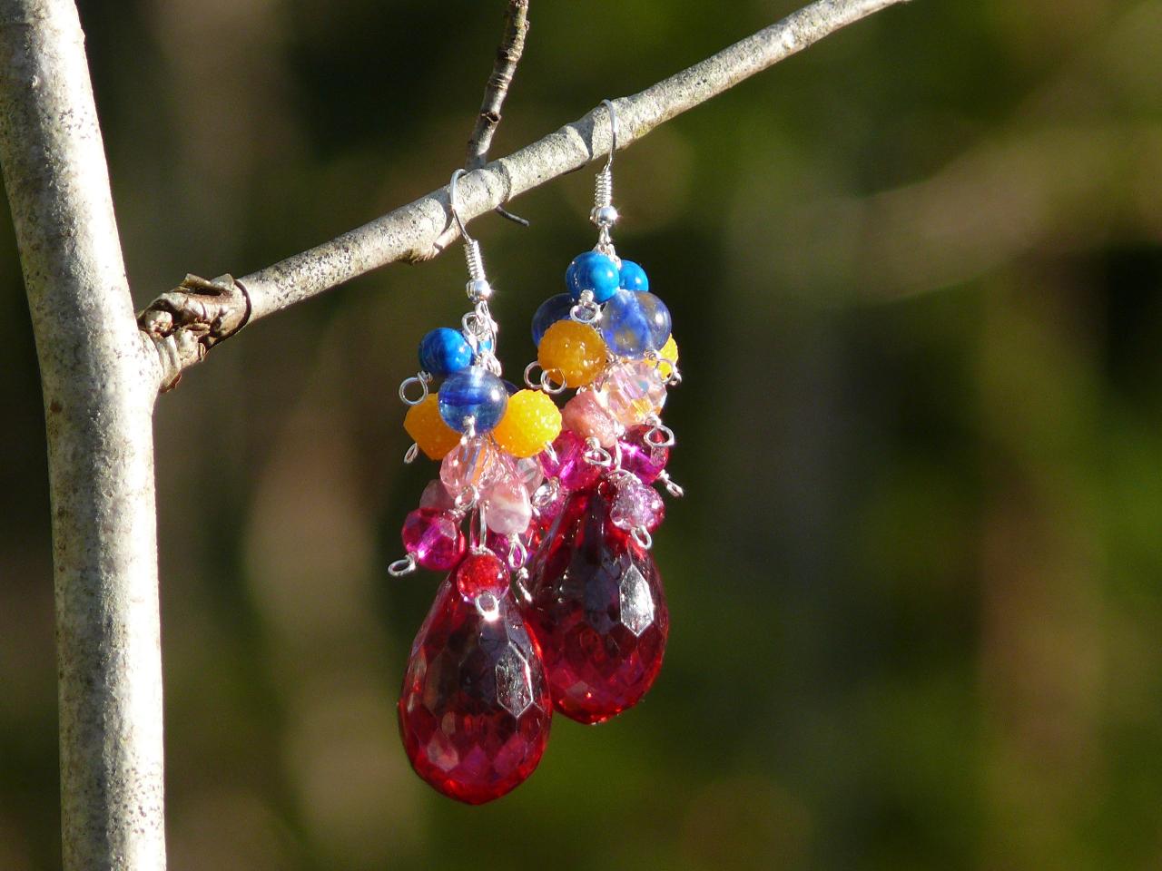 Spring Collection: Blue Yellow Pink Red Cluster Earrings, Long Moss Quartz Strawberry Quartz Chandeliers, Bold Drop Multicolor Boho Earrings