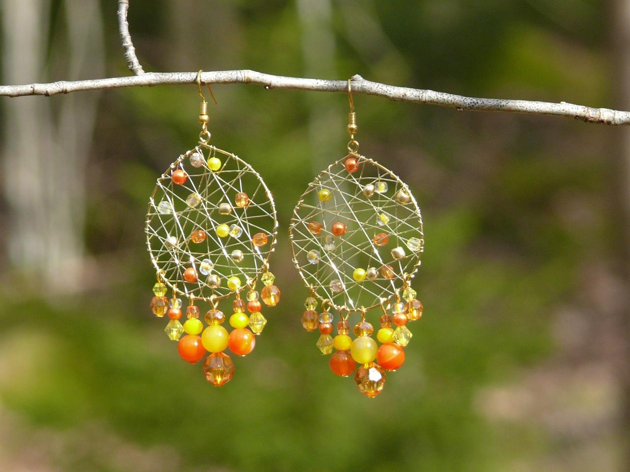 Yellow Orange Statement Earrings, Wire Wrapped Chandelier Earrings With Yellow Beads, Large Gold Hoops With Dangles, Orange Boho Earrings