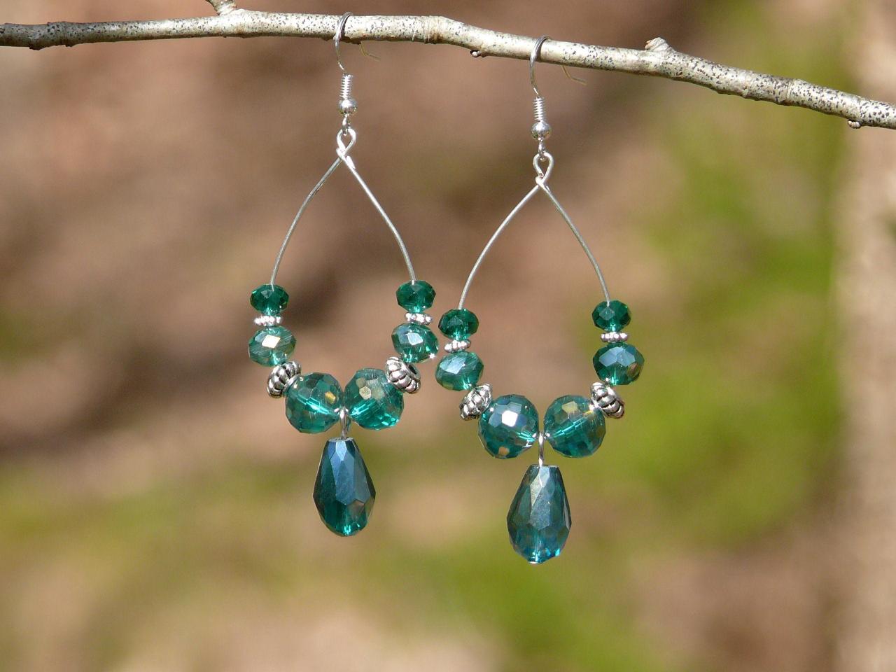 Sparkles Collection - Teal Boho Hoops With Drop, Bohemian Hoop Earrings, Blue Green Chandelier Earrings, Sparkly Gypsy Earrings,gift For Her