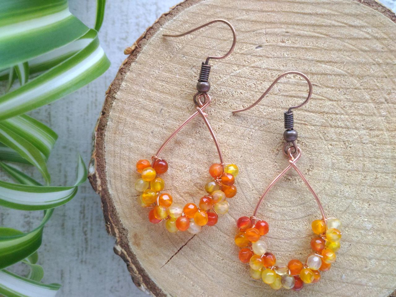 Dainty Carnelian Earrings, Wire Wrapped Copper Hoops With Orange Gemstone, Beaded Crystal Earrings, Orange Boho Earrings,birthstone Earrings