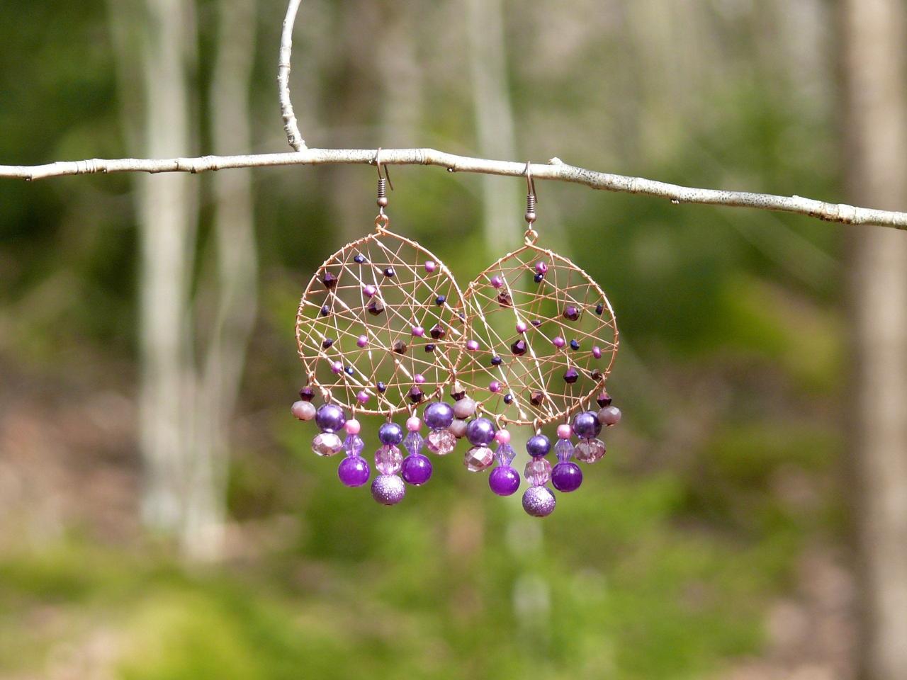 Purple Statement Earrings, Wire Wrapped Chandelier Earrings With Purple Beads, Large Copper Hoops With Dangles, Purple Boho Earrings