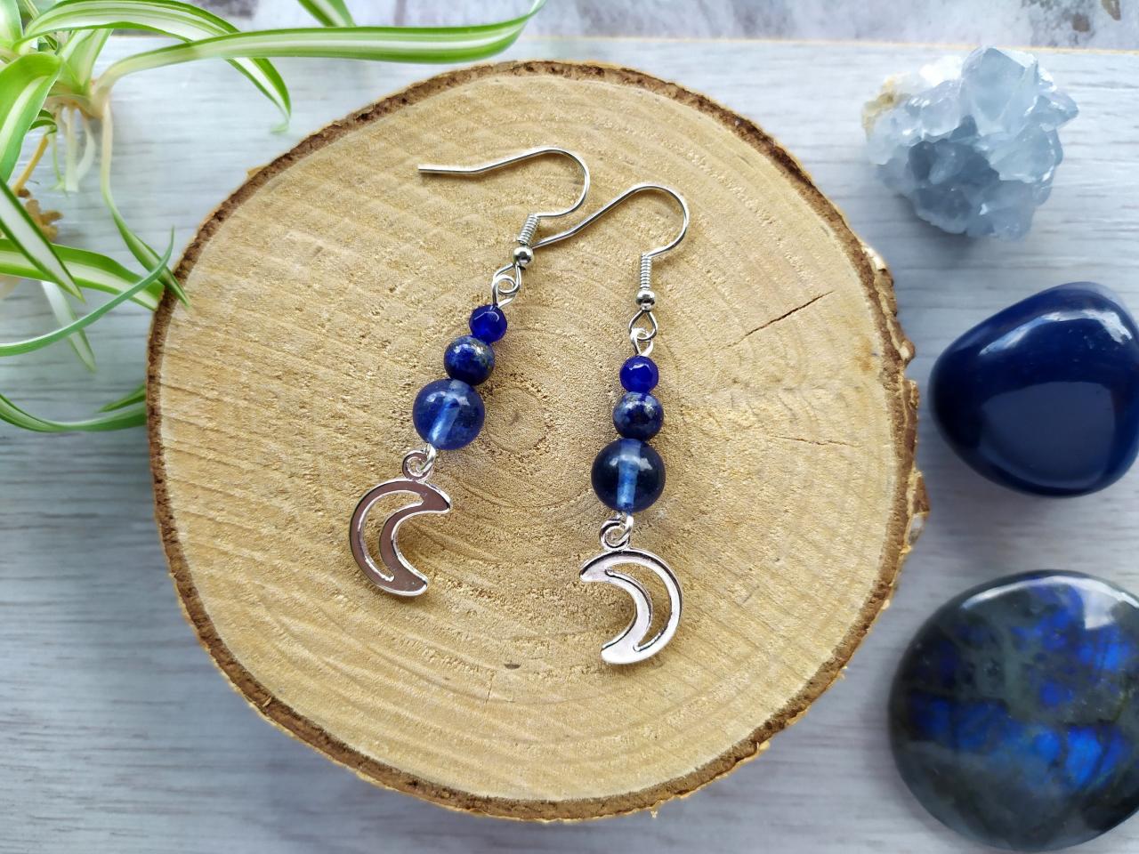 Dark Blue Gemstone Crescent Moon Earrings, Moon Boho Dangle Earrings, Quartz Lapis Lazuli Agate Earrings, Blue Stone Celestial Moon Earrings