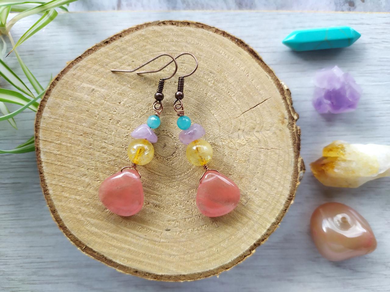 Mixed Gemstone Summer Earrings, Cherry Quartz Amethyst Citrine Jade Earrings, Pink Drop Earrings, Colorful Gemstone Drops, Crystal Earrings