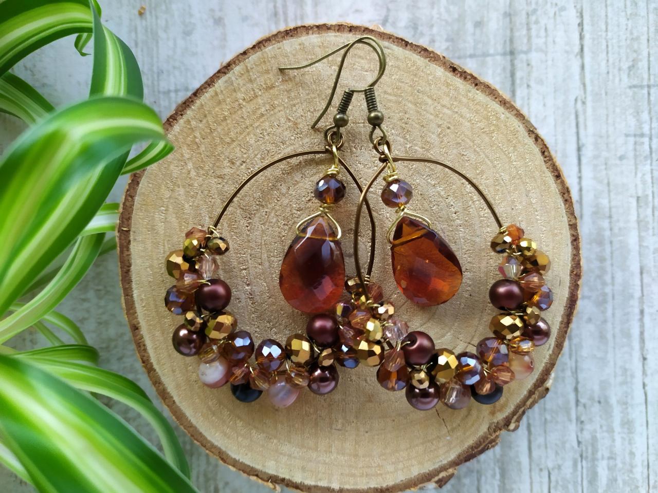 Brown Bronze Gold Wire Wrapped Oval Hoops With Agate Gemstone Beads, Sparkly Autumn Brown Boho Chandeliers, Festival Gypsy Hoop Earrings