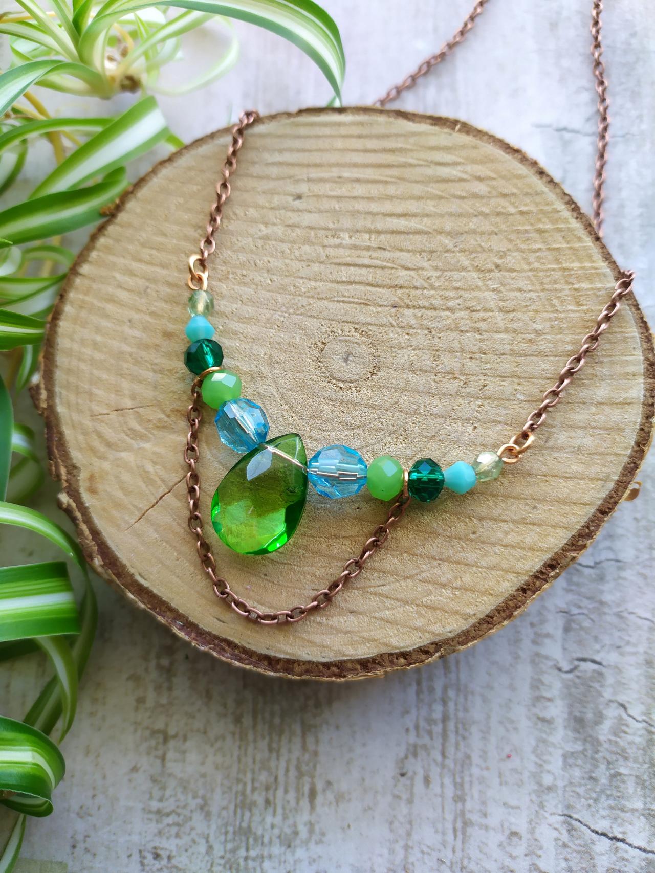 Light Green Blue Necklace, Wire Wrapped Copper Green Bohemian Necklace, Green Blue Choker,statement Jewelry,dainty Drop Necklace With Chains