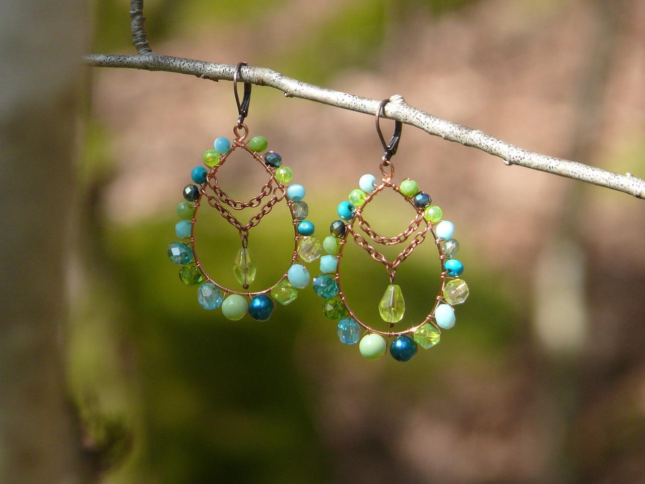Blue Green Earrings, Mermaid Style Earrings, Boho Blue Earrings, Wire Wrapped Copper Hoops, Beaded Hoop Earrings,teardrop Shaped Green Hoops