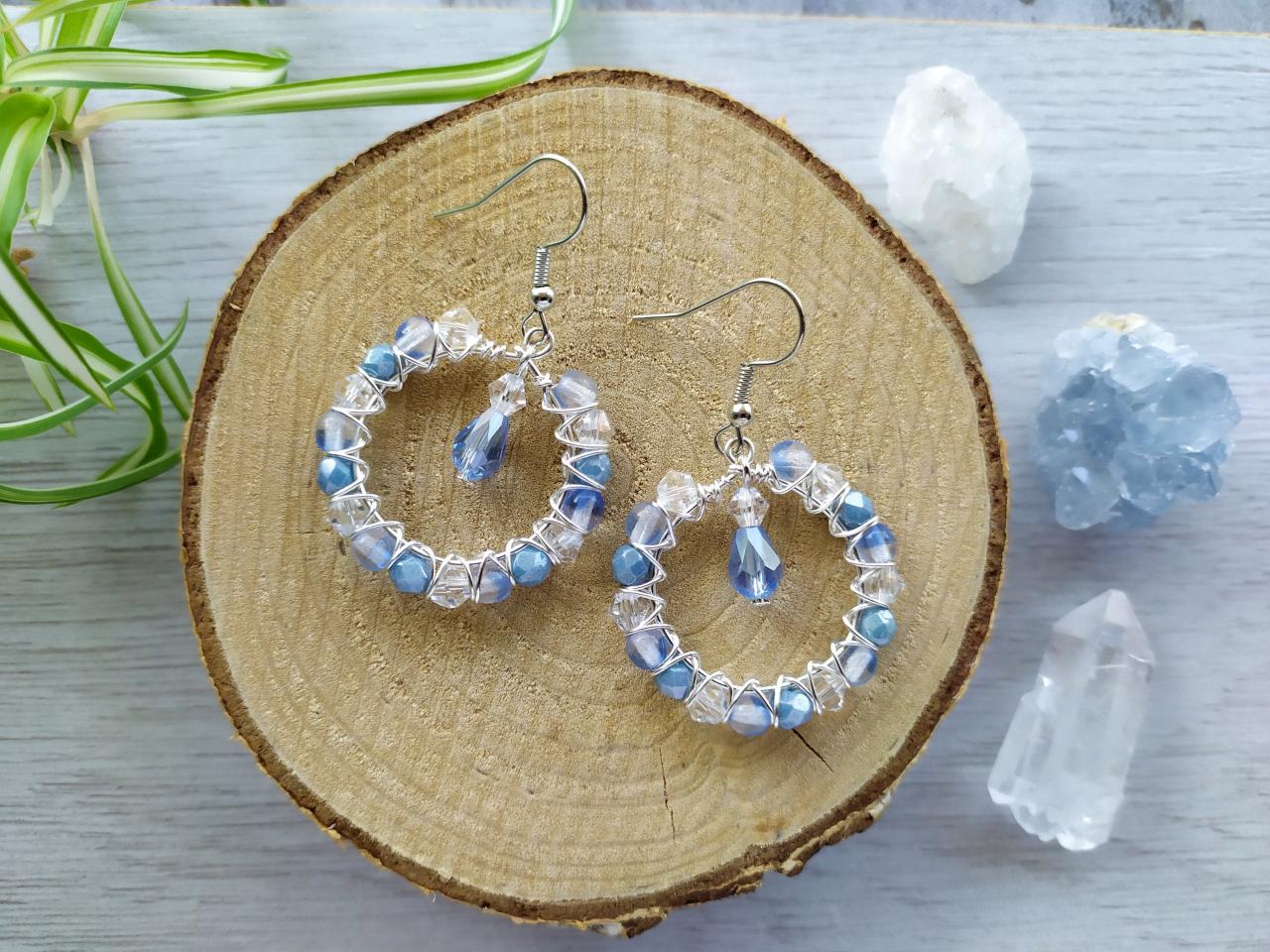 Dreamy Blue And Clear Hoop Earrings, Small Hoops With Faceted Glass Beads, Pastel Blue Boho Earrings, Dainty Wire Wrapped Hoops With Dangle