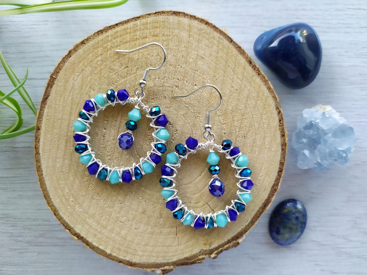 Dark Blue Turquoise Hoop Earrings, Small Hoops With Faceted Glass Beads, Blue Turquoise Boho Earrings, Wire Wrapped Hoops With Dangle