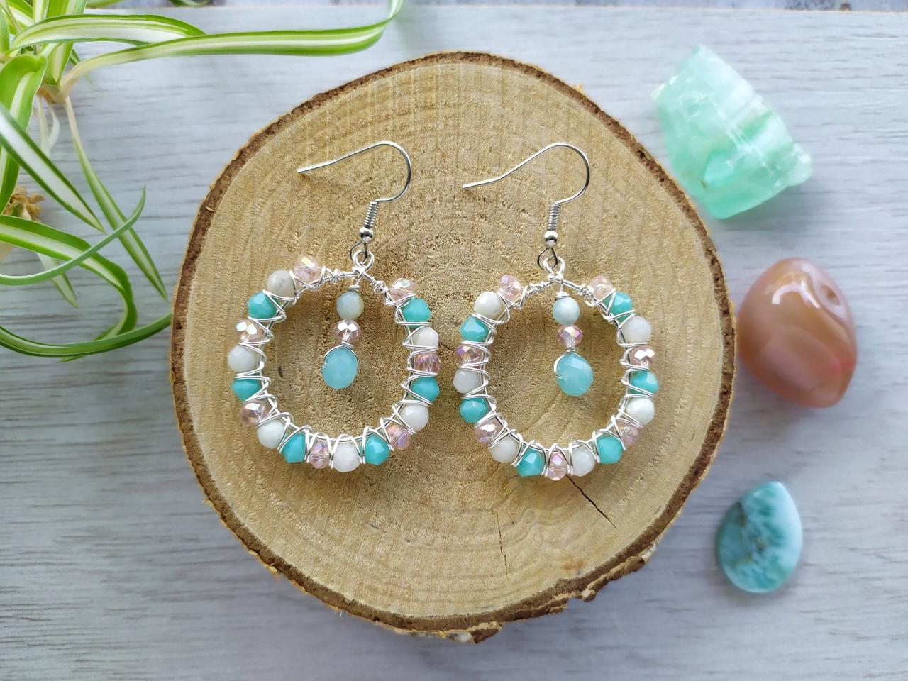 Pastel Pink Blue Hoop Earrings, Small Hoops With Amazonite And Glass Beads, Blue White Pink Boho Earrings, Wire Wrapped Hoops With Dangle