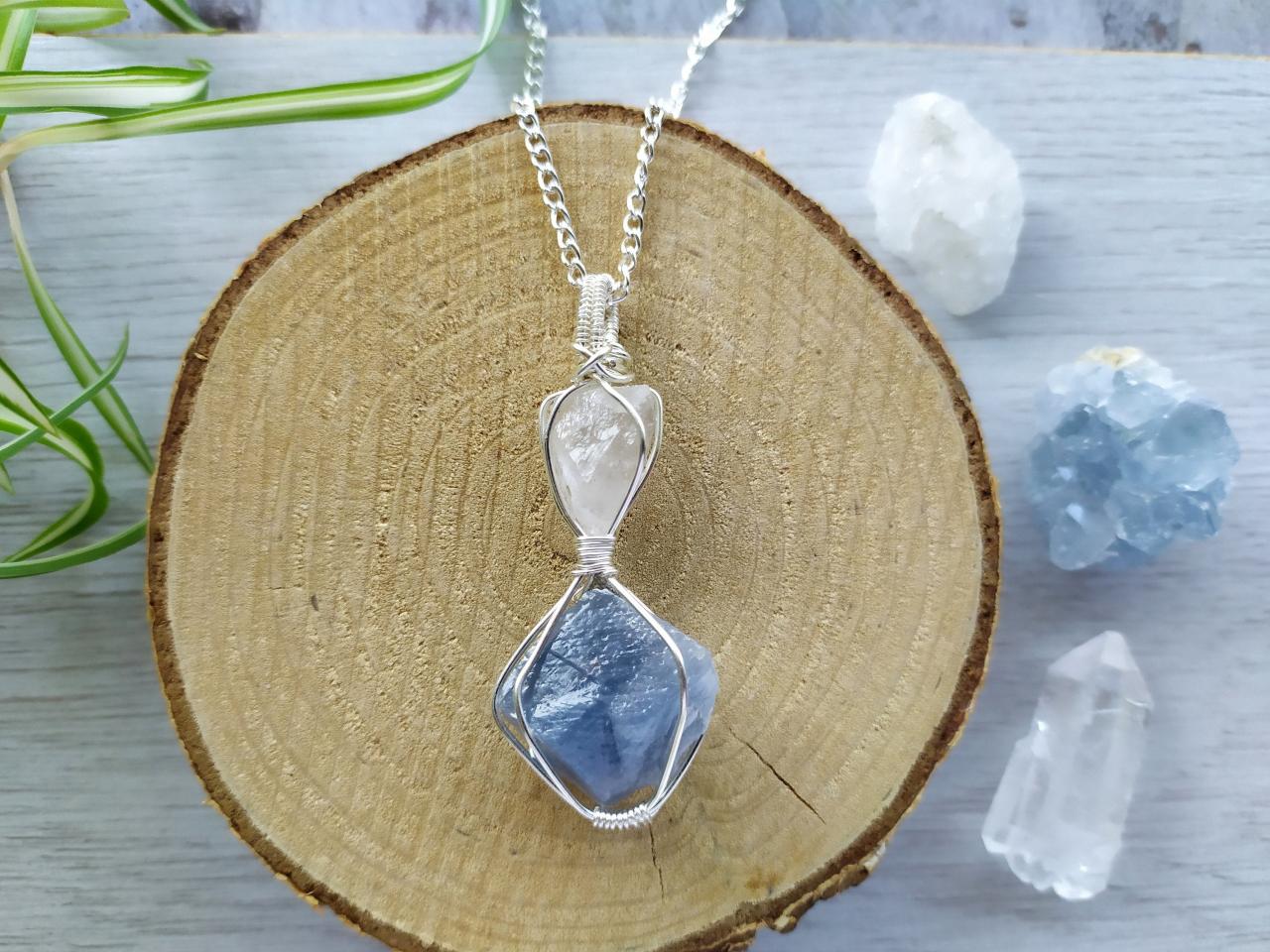 Wire Wrapped Raw Blue Calcite And Clear Quartz Pendant, Blue Double Gemstone Necklace, Dreamy Blue Stone Pendant, Blue Boho Crystal Necklace