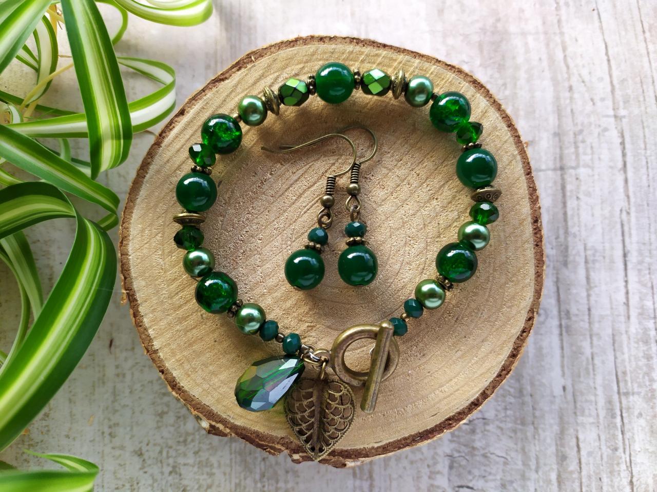 Green Bohemian Bracelet With Earrings, Green Boho Jewelry Set, Matching Dangle Earrings And Bracelet, Jewelry For Gifting, Gift For Her