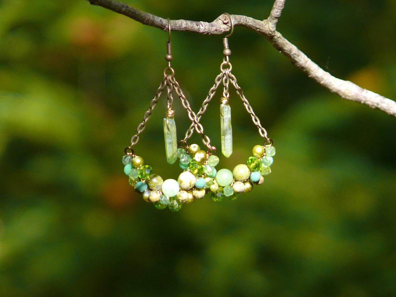 Green Bubbly Swings, Bronze And Green Bohemian Chandelier Earrings With Gemstones,army Green Boho Gemstone Earrings With Quartz Points