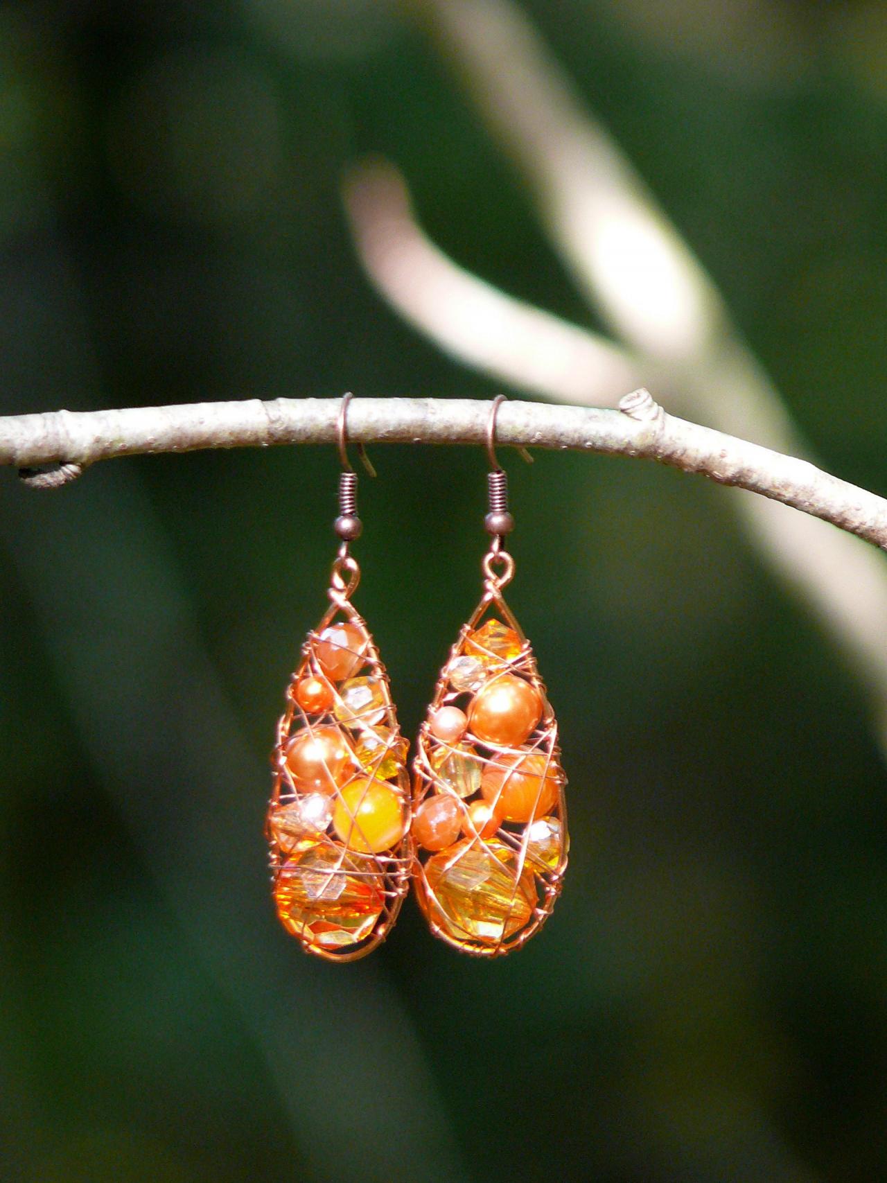 Orange Copper Earrings, Wire Wrapped Orange Earrings, Citrus Mismatched Earrings, Long Beaded Boho Earrings, Bohemian Earrings