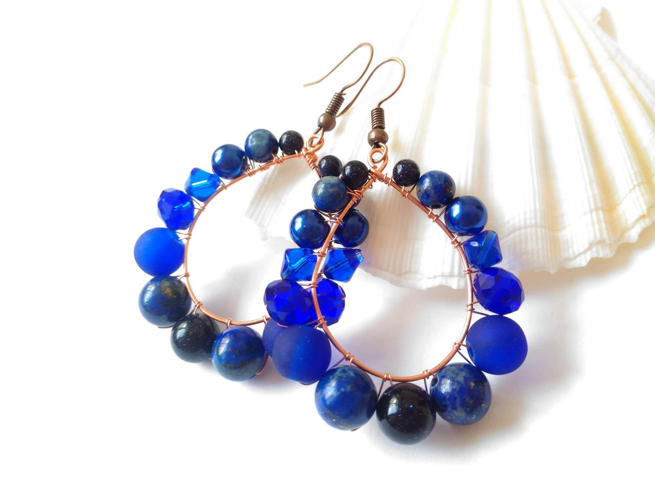 Royal Blue Earrings With Gemstones, Lapis Lazuli Earrings, Blue Goldstone Earrings, Wire Wrapped Copper Hoop Earrings, Blue Dangle Earrings