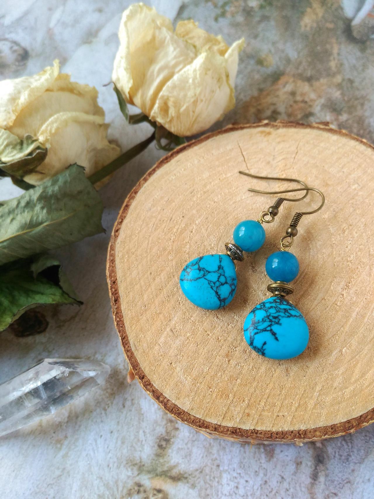 Mixed Blue Gemstone Earrings, Turquoise Howlite And Jade Earrings, Blue Drop Earrings, Dainty Gemstone Drops,blue And Brass Crystal Earrings