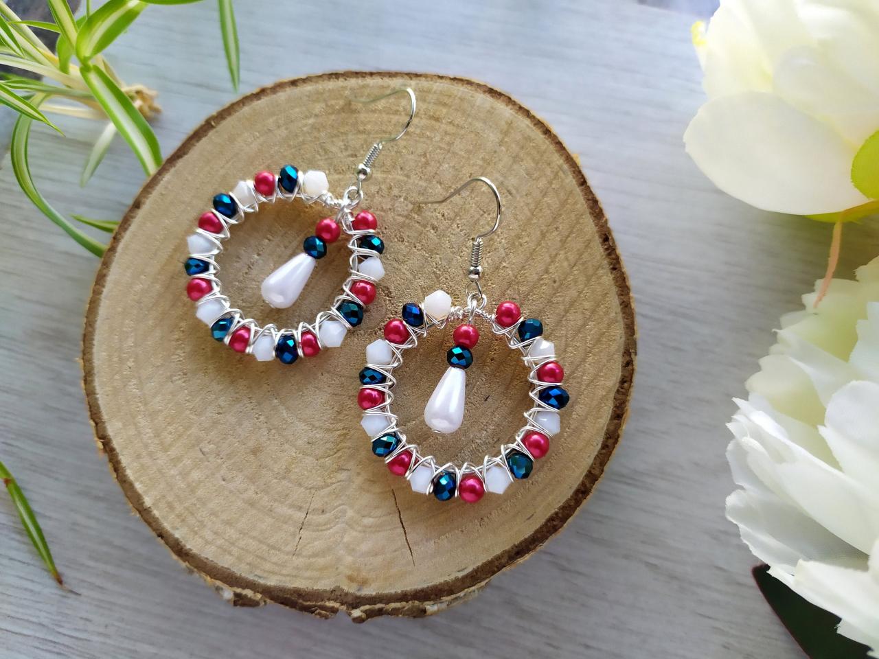 Red Blue White Earrings, Wire Wrapped Bohemian Nautical Earrings, Summer Vibes Earrings, American Flag Colored Boho Earrings,patriotic Hoops