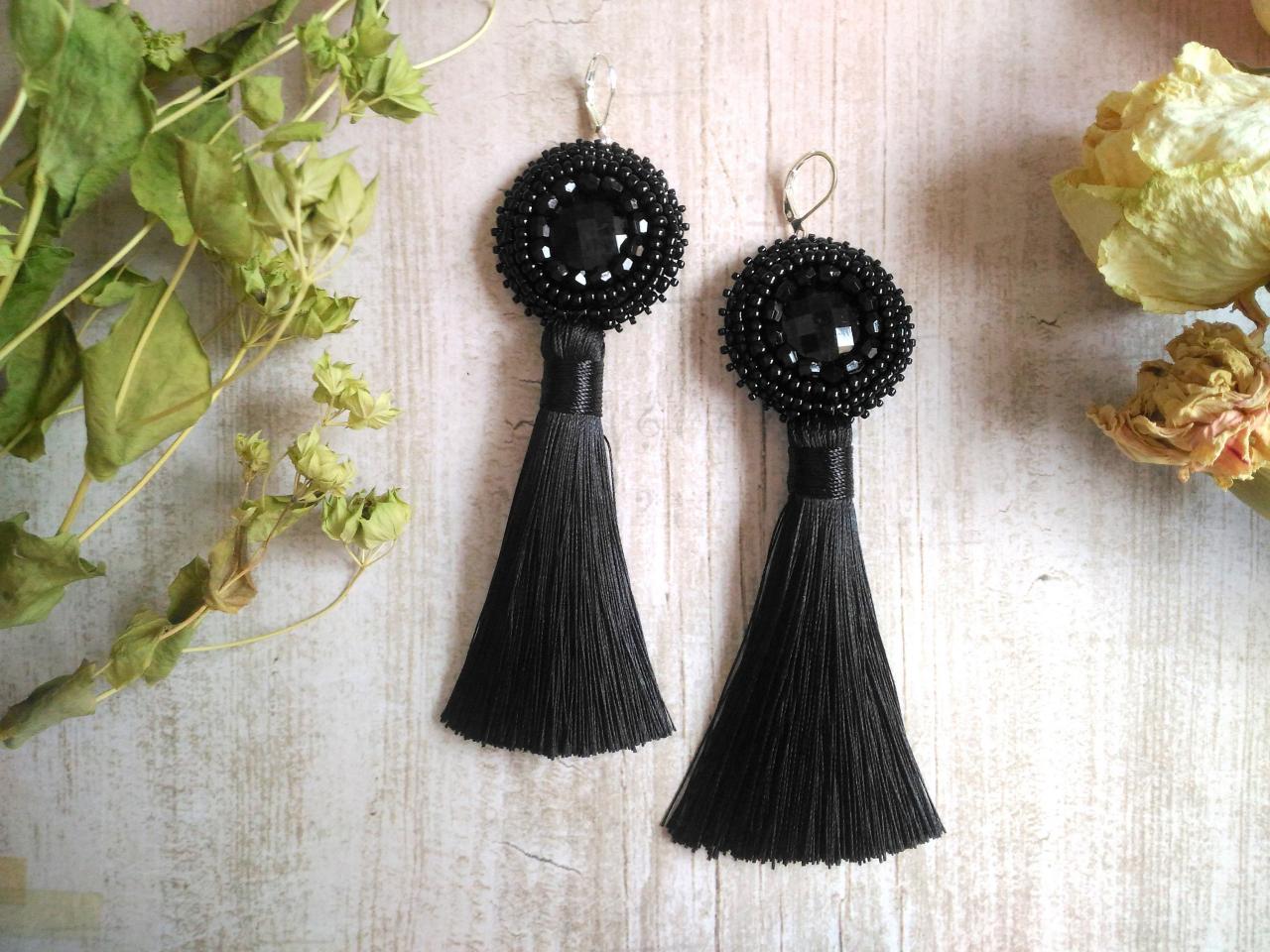 Black Tassel Earrings, Long Bead Embroidered Cabochon Earrings, Elegant Black Earrings, Dainty Beadwork Earrings With Tassel,5 Inch Earrings