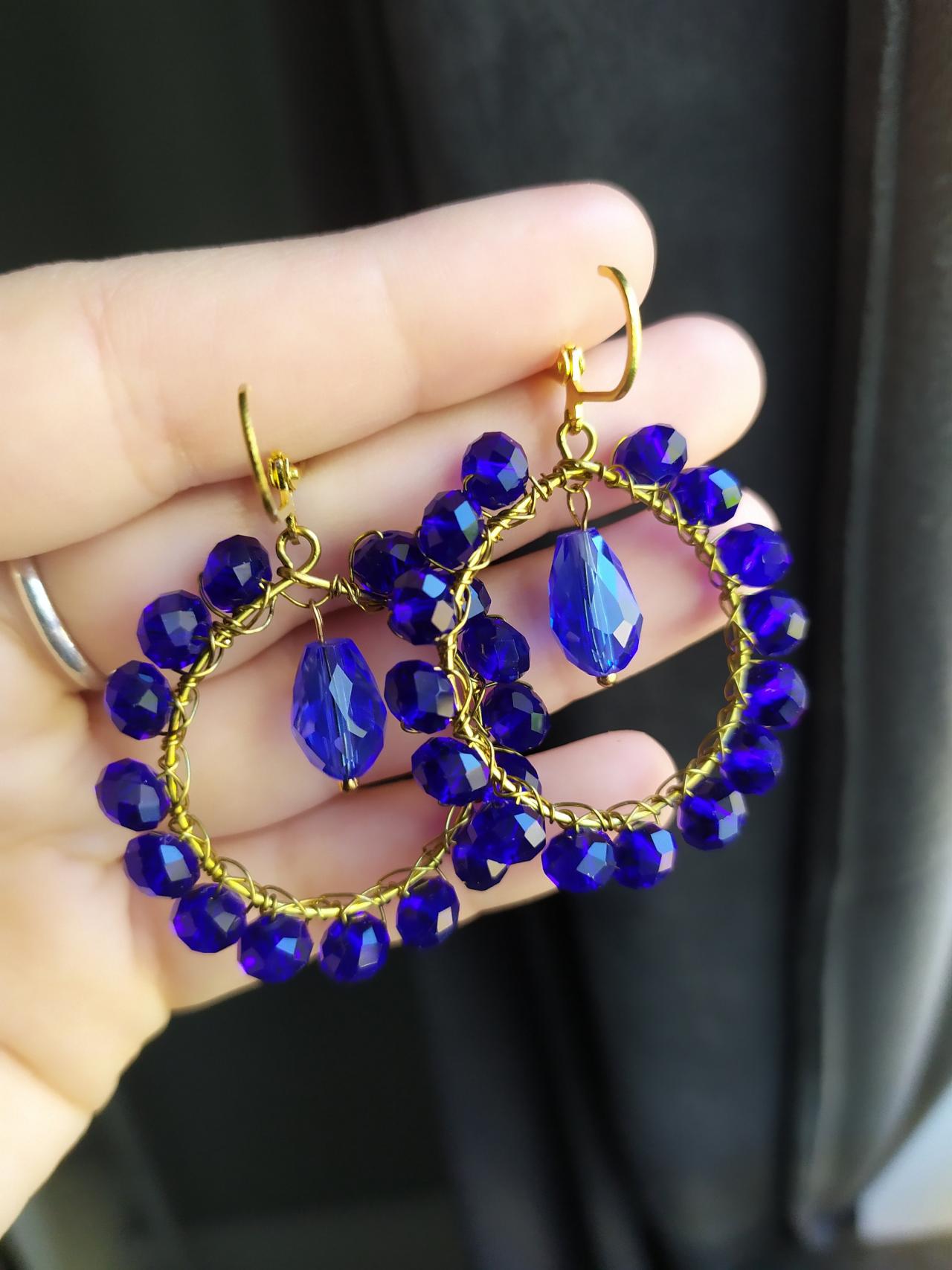 Royal Blue Hoops, Dark Blue Hoop Earrings, Blue And Gold Earrings, Dangle Earrings, Blue Boho Earrings