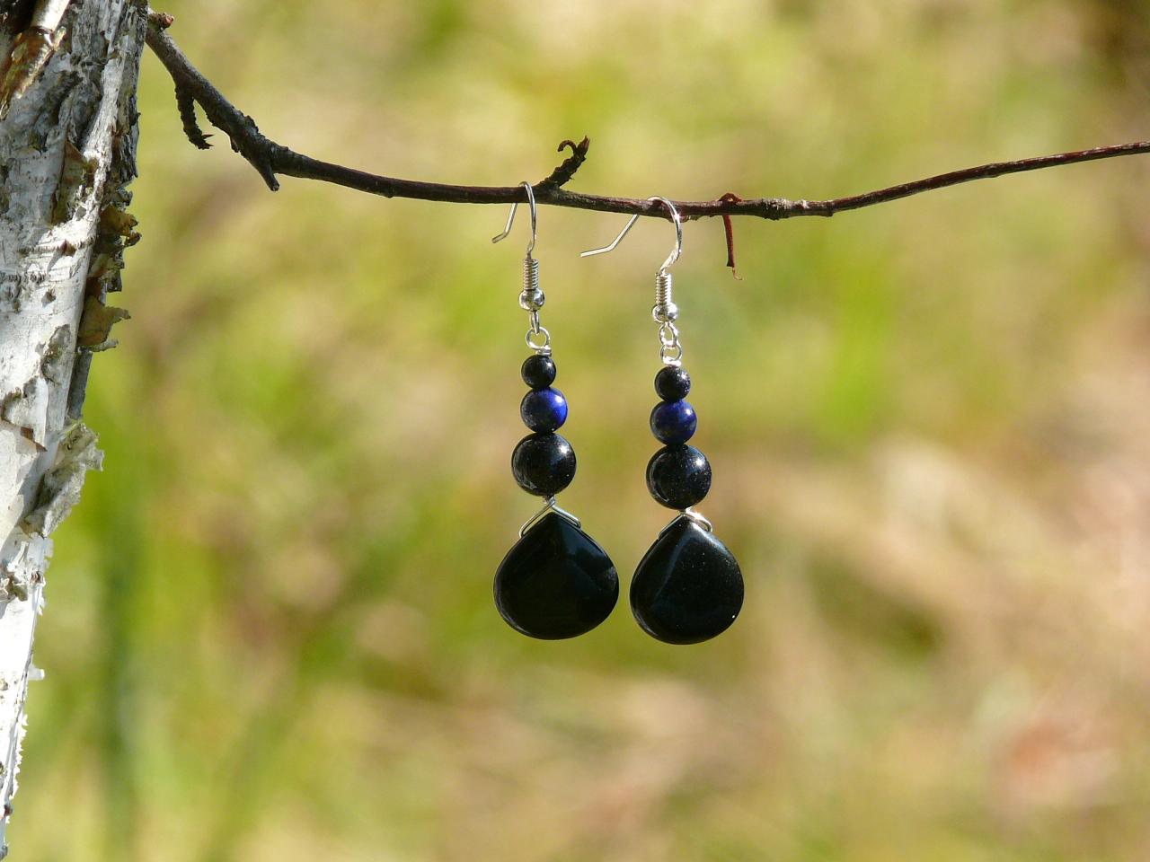 Mixed Gemstone Earrings, Black Onyx Lapis Lazuli Blue Goldstone Earrings, Grounding Earrings, Black Blue Drop Earrings,dainty Gemstone Drops