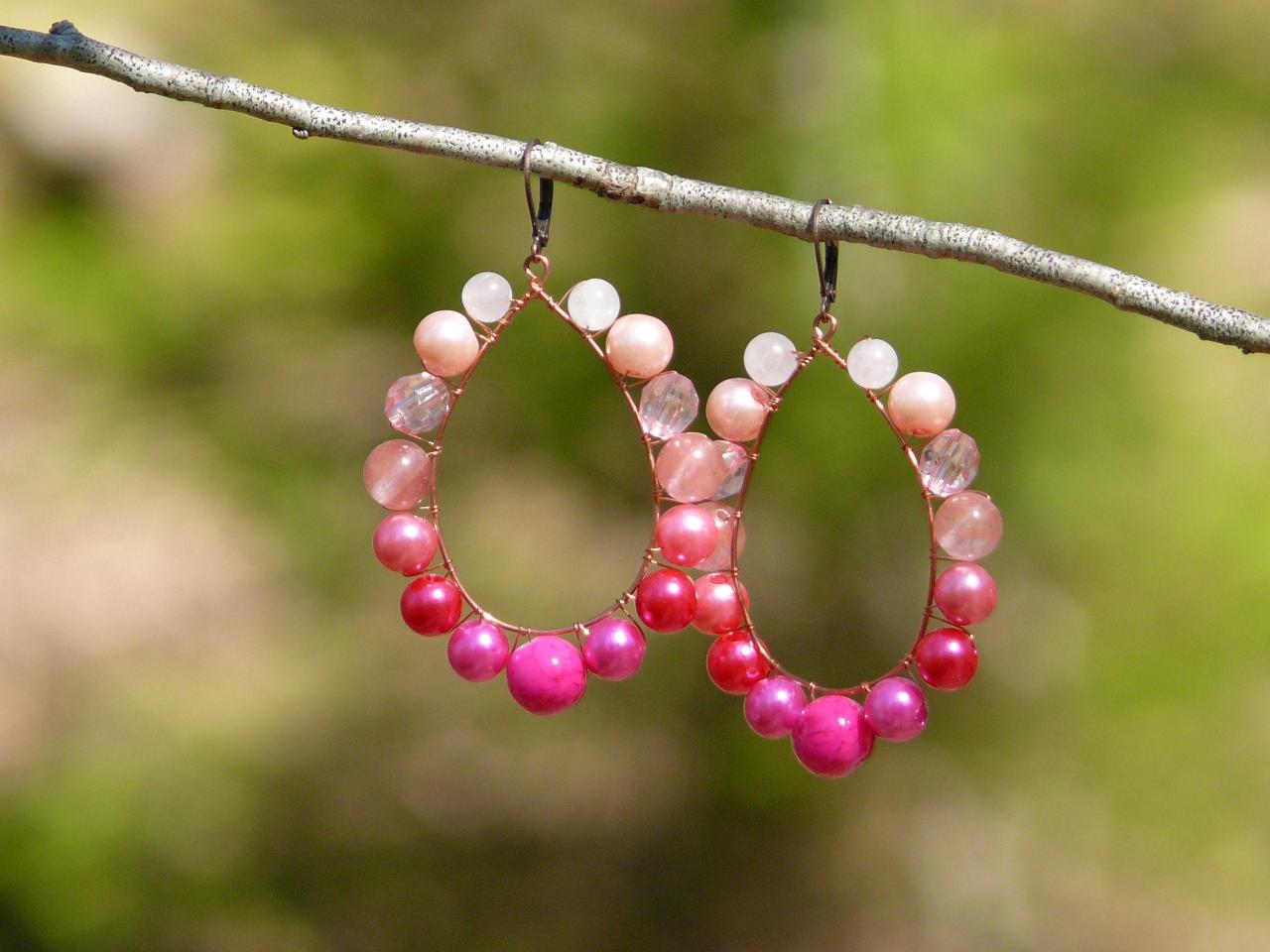 Pink Earrings With Rose Quartz And Cherry Quartz, Large Pink Boho Earrings, Statement Pink Earrings, Wire Wrapped Copper Earrings