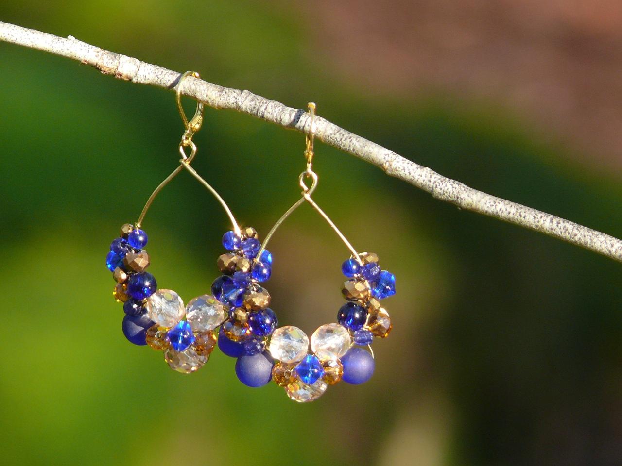 Blue Gold Earrings, Royal Blue And Golden Earrings, Beaded Hoop Earrings, Blue Boho Earrings, Elegant Earrings, Statement Earrings